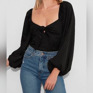 Express Satin Jacquard Tie Front Thong Bodysuit black